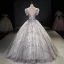 Charming Silver Prom Dresses 2021 Ball Gown High Neck Beading Pearl Sequins Lace Flower Short Sleeve Backless Floor-Length / Long Prom Formal Dresses