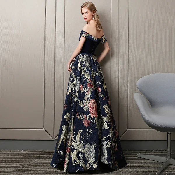 Colored Navy Blue Evening Dresses 2018 A-Line / Princess Suede Printing Off-The-Shoulder Sleeveless Backless Floor-Length / Long Formal Dresses