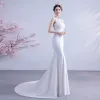 Affordable White Trumpet / Mermaid Wedding Dresses 2020 Scoop Neck Lace Flower Sleeveless Backless Sweep Train