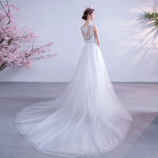 Élégant Ivoire Robe De Mariée 2020 Princesse Encolure Dégagée En Dentelle Fleur Sans Manches Tribunal Train