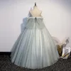 Chic / Beautiful Sage Green Prom Dresses 2021 Ball Gown Off-The-Shoulder Rhinestone Lace Flower Short Sleeve Backless Floor-Length / Long Formal Dresses
