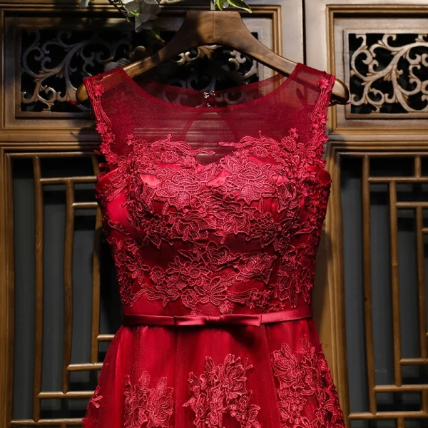 Chic / Beautiful Red Formal Dresses Evening Dresses 2017 Lace Flower Scoop Neck Sleeveless Ankle Length A-Line / Princess