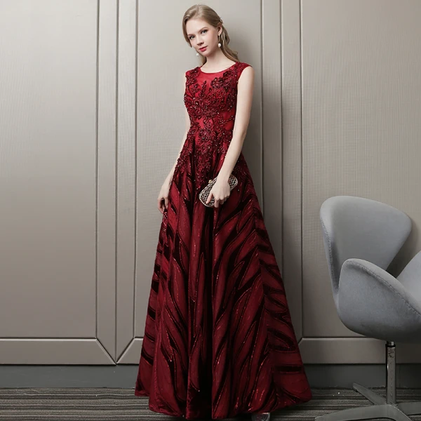 Chic / Beautiful Burgundy Evening Dresses 2018 A-Line / Princess Lace Flower Beading Crystal Scoop Neck Backless Sleeveless Floor-Length / Long Formal Dresses