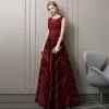 Chic / Beautiful Burgundy Evening Dresses  2018 A-Line / Princess Lace Flower Beading Crystal Scoop Neck Backless Sleeveless Floor-Length / Long Formal Dresses