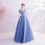 Flower Fairy Pool Blue Prom Dresses 2020 A-Line / Princess V-Neck Pearl Lace Flower Short Sleeve Backless Floor-Length / Long Formal Dresses