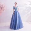 Flower Fairy Pool Blue Prom Dresses 2020 A-Line / Princess V-Neck Pearl Lace Flower Short Sleeve Backless Floor-Length / Long Formal Dresses