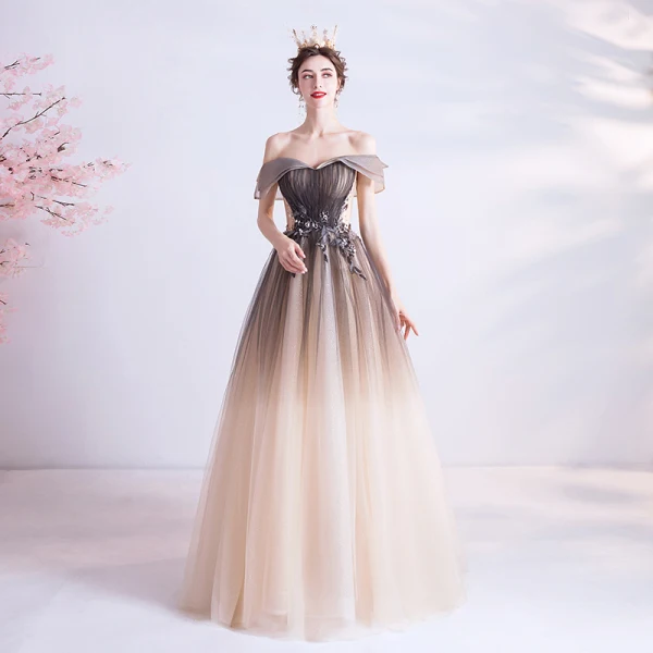 Élégant Chocolat Dégradé De Couleur Robe De Bal 2020 Princesse De l'épaule Perlage Paillettes Manches Courtes Dos Nu Longue Robe De Ceremonie