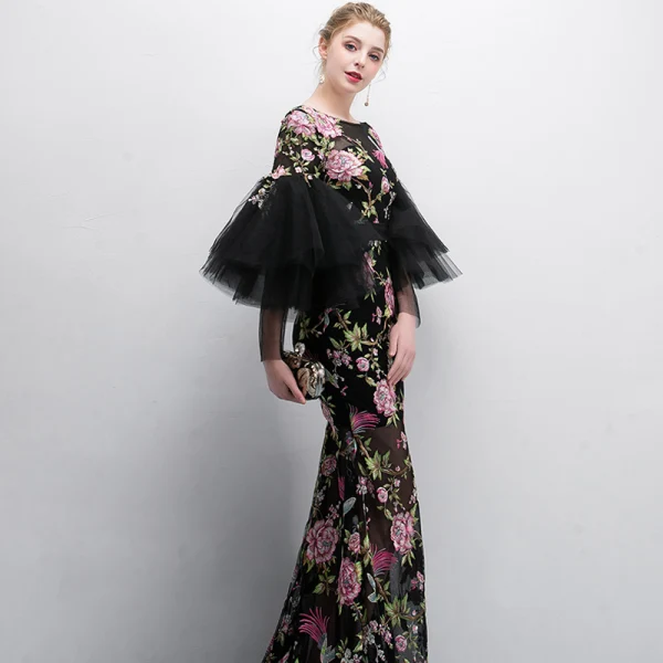 Chic / Beautiful Black Evening Dresses 2018 Trumpet / Mermaid Printing Scoop Neck 3/4 Sleeve Floor-Length / Long Formal Dresses