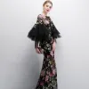 Chic / Beautiful Black Evening Dresses  2018 Trumpet / Mermaid Printing Scoop Neck 3/4 Sleeve Floor-Length / Long Formal Dresses