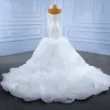 High Low Ivory Cascading Ruffles Wedding Dresses 2021 Trumpet / Mermaid Off-The-Shoulder Long Sleeve Backless Royal Train Wedding
