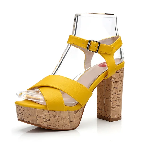 Fashion Yellow Street Wear Womens Sandals 2020 Ankle Strap 10 cm Thick Heels Open / Peep Toe Sandals