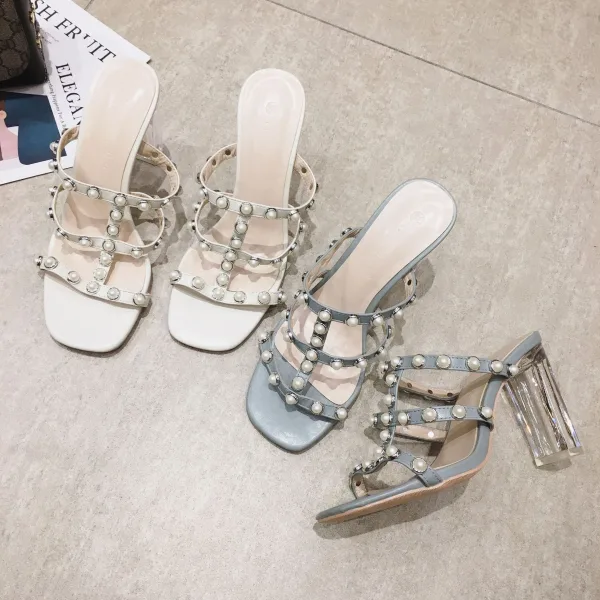 Charmant Bleu Ciel Désinvolte Perle Sandales Femme 2020 9 cm Talons Épais Peep Toes / Bout Ouvert Sandales