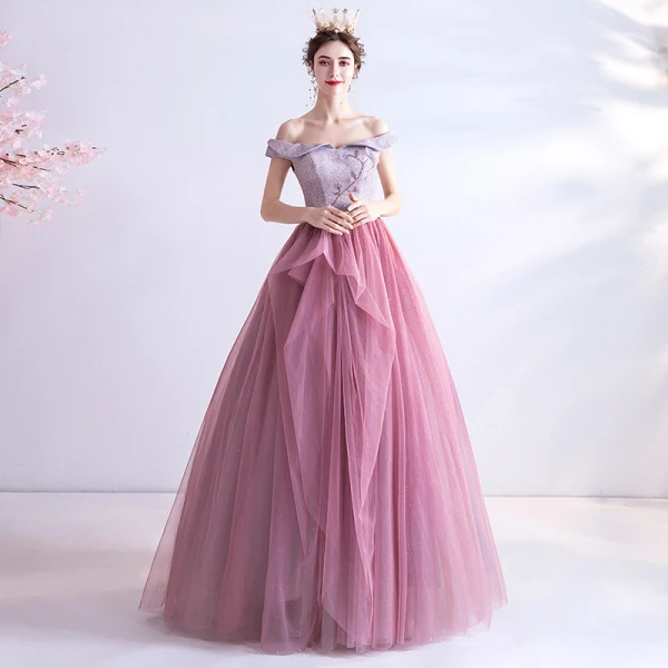 Charming Candy Pink Prom Dresses 2020 A-Line / Princess Off-The-Shoulder Beading Rhinestone Sequins Sleeveless Backless Floor-Length / Long Formal Dresses