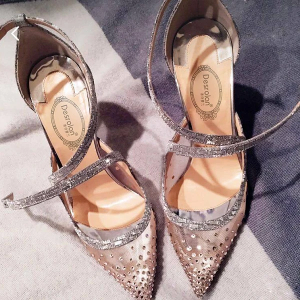 Charming Nude Evening Party Rhinestone Womens Sandals 2020 X-Strap 8 cm Stiletto Heels Pointed Toe Sandals