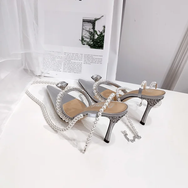 Charming Silver Rhinestone Cocktail Party Womens Sandals 2020 Pearl Ankle Strap 9 cm Stiletto Heels Pointed Toe Sandals