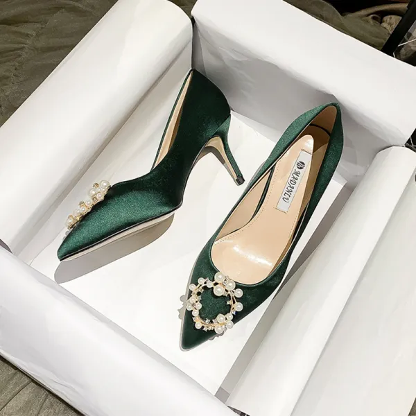 Modern / Fashion Dark Green Satin Pearl Rhinestone Pumps Modern / Fashion Dark Green Satin Pearl Rhinestone Pumps