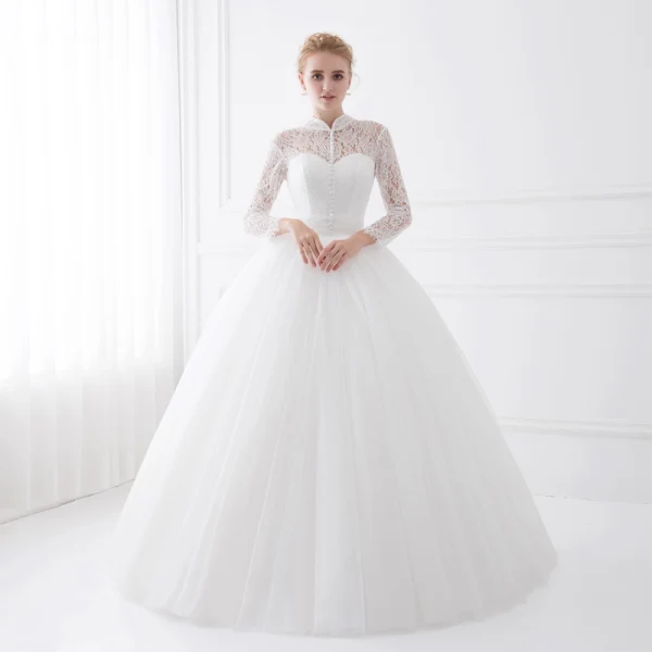 Chic / Beautiful White Wedding Dresses 2018 Ball Gown Lace High Neck 3/4 Sleeve Floor-Length / Long Wedding