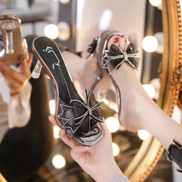 Fashion Champagne Street Wear Womens Sandals 2020 Rhinestone Bow 7 cm Stiletto Heels Open / Peep Toe Sandals