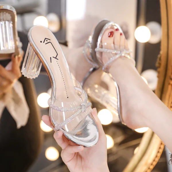Sexy Transparent Argenté Cristal Sandales Femme 2020 Vêtement de rue Faux Diamant 8 cm Talons Épais Peep Toes / Bout Ouvert Sandales
