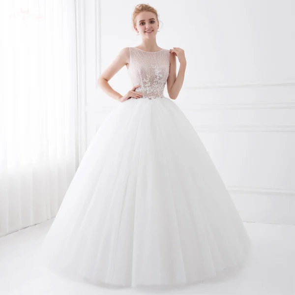 Chic / Beautiful White Wedding Dresses 2018 Ball Gown Beading Lace Flower Scoop Neck Sleeveless Floor-Length / Long