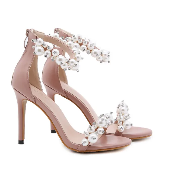 Sexy Black Cocktail Party Evening Party Womens Sandals 2021 Pearl Rhinestone Ankle Strap 10 cm Stiletto Heels Open / Peep Toe Sandals High Heels