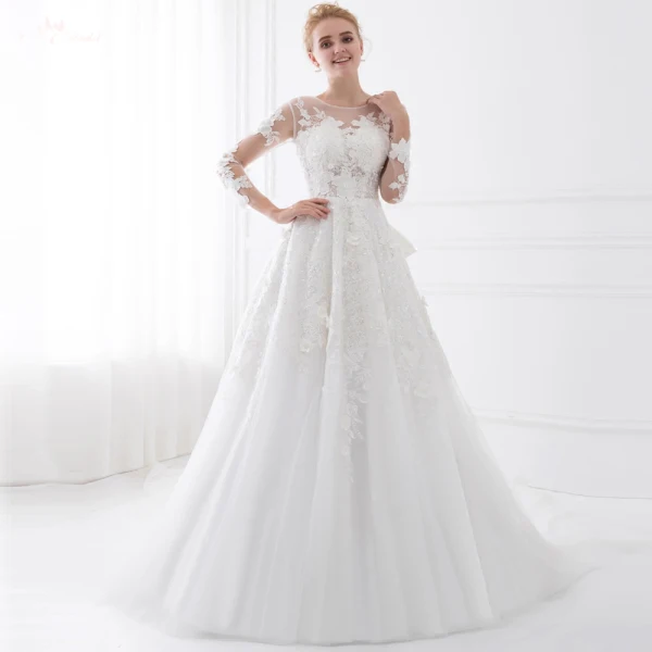 Schöne Weiß Brautkleider 2018 A Linie Schleife Mit Spitze Blumen Rundhalsausschnitt Rückenfreies 3/4 Ärmel Lange Hochzeit