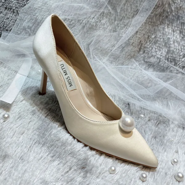 Elegante Weiß Perle Brautschuhe 2020 Leder 10 cm Stilettos Spitzschuh Hochzeit Pumps