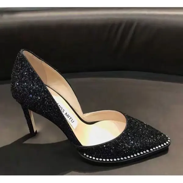 Uroczy Czarne Wieczorowe Czółenka 2020 Skórzany Rhinestone Cekiny 9 cm Szpilki Szpiczaste Czółenka