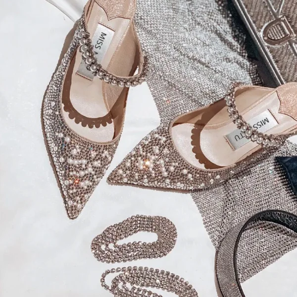 Charmant Champagne Cocktail Sandales Femme 2020 Cuir Perle Faux Diamant 8 cm Talons Aiguilles À Bout Pointu Sandales