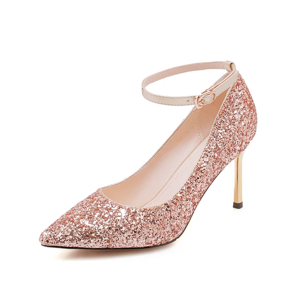 Sparkly Sølv Paljetter Brudesko 2020 Ankelstropp 9 cm Stiletthæler Spisse Bryllup Pumps