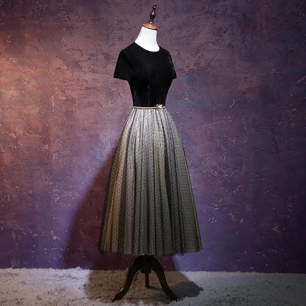Chic / Beautiful Black Prom Dresses 2018 A-Line / Princess Sash Suede Scoop Neck Backless Short Sleeve Tea-length Formal Dresses