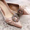 Elegant Champagne Rhinestone Wedding Shoes 2020 Leather 10 cm Stiletto Heels Pointed Toe Wedding Pumps