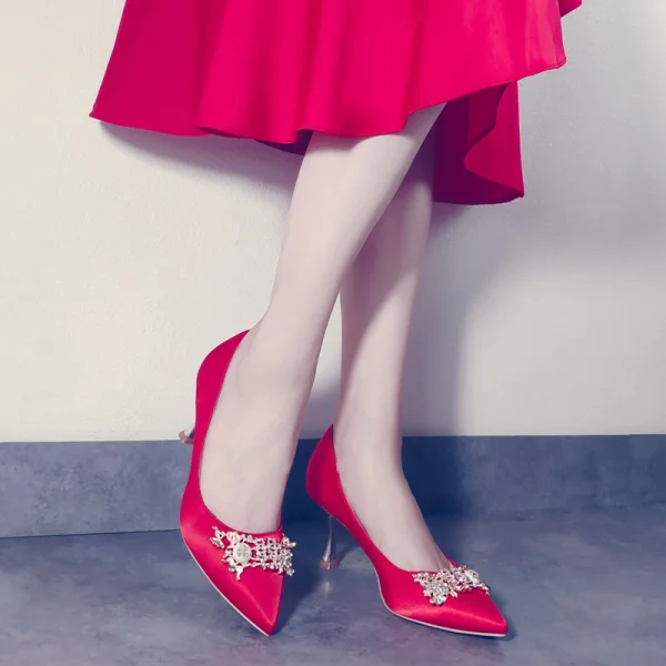 Piękne Czerwone Rhinestone Buty Ślubne 2020 Skórzany 7 cm Szpilki Szpiczaste Ślub Czółenka