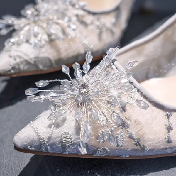 Charming Grey Crystal Wedding Shoes 2020 Lace 8 cm Stiletto Heels Pointed Toe Wedding Pumps