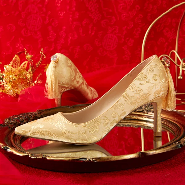 Mode Guld Brudskor 2020 Broderade 7 cm Stilettklackar Spetsiga Bröllop Pumps