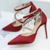Charming Burgundy Wedding Shoes 2020 Rhinestone Ankle Strap 8 cm Stiletto Heels Pointed Toe Wedding High Heels