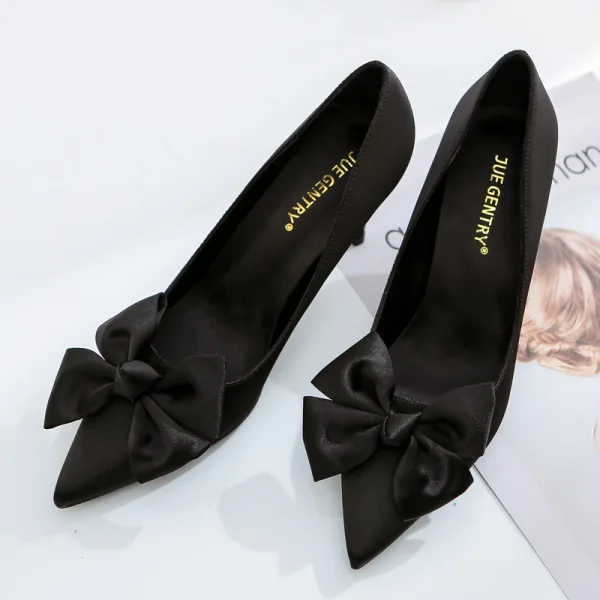Elegant Burgundy Prom Satin Pumps 2020 Leather Bow 8 cm Stiletto Heels Pointed Toe Pumps