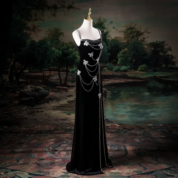 Sexy Noire Faux Diamant Noeud Fendue devant Robe De Soirée 2025 Princesse Bretelles Spaghetti Sans Manches Dos Nu Longue Soirée Robe De Ceremonie