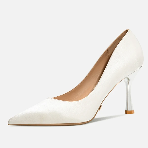 Schöne Ivory / Creme Büro OL Leder Pumps 2021 8 cm Stilettos Spitzschuh Pumps Hochhackige