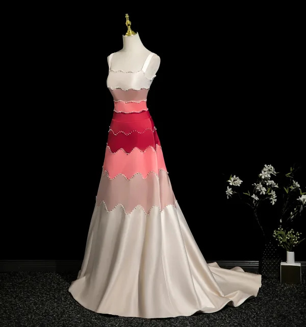 Fashion Multi-Colors Pearl Prom Dresses 2025 A-Line / Princess Spaghetti Straps Sleeveless Backless Sweep Train Formal Dresses