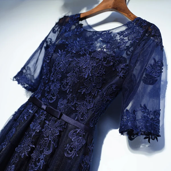 Elegant Navy Blue Formal Dresses Prom Dresses 2017 Lace Flower Bow Scoop Neck Floor-Length / Long 1/2 Sleeves A-Line / Princess