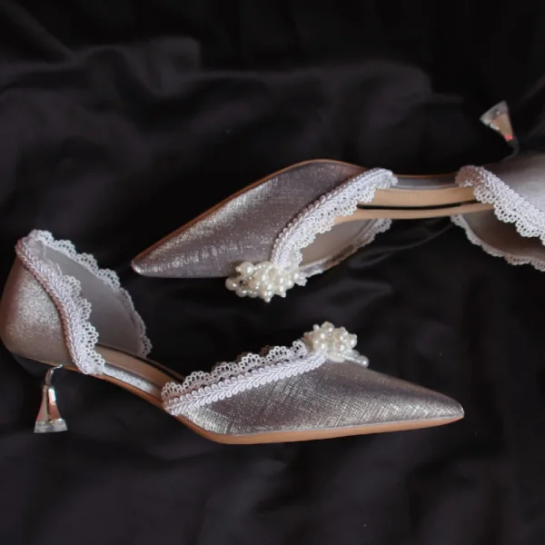 Elegant Grey Dating Pearl Womens Sandals 2020 Leather Lace Flower 4 cm Stiletto Heels Low Heel Pointed Toe Sandals