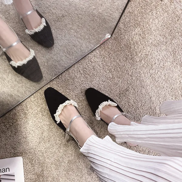 Elegante Schwarz Datierung Perle Slingpumps Sandalen Damen 2020 Wildleder 6 cm Thick Heels Quadratische Zehe Sandaletten