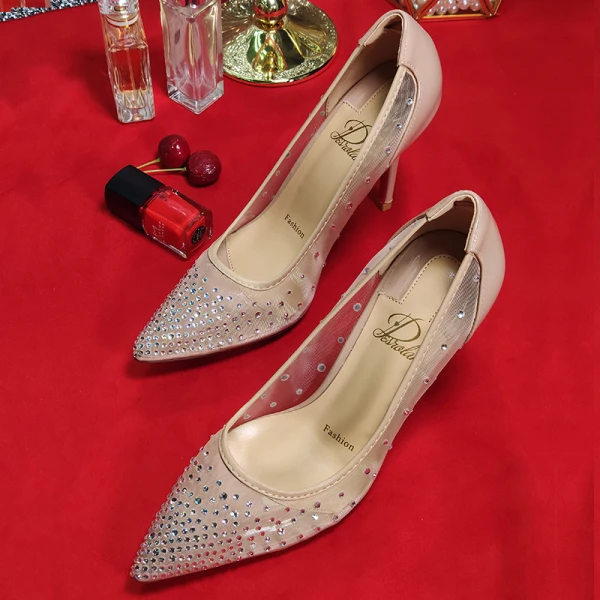 Schöne Nude Abend Strass Pumps 2020 10 cm Stilettos Spitzschuh Pumps