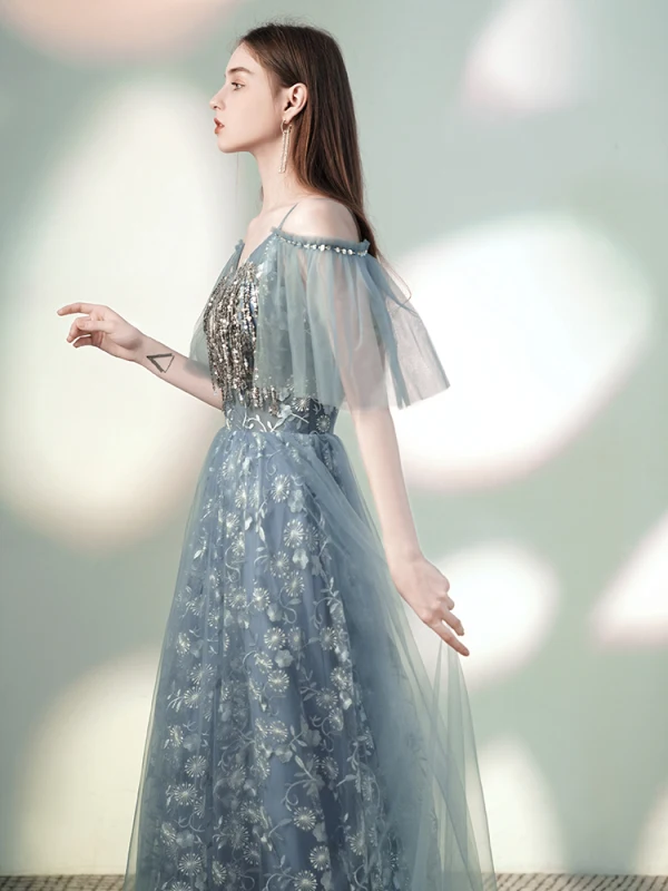 Charmant Himmelblau Grau Abendkleider 2020 Off Shoulder Perlenstickerei Pailletten Spitze Blumen Kurze Ärmel Rückenfreies Lange Festliche Kleider