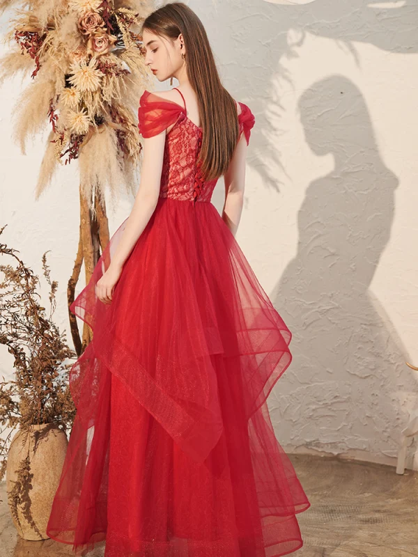 Charming Burgundy Evening Dresses 2020 A-Line / Princess Off-The-Shoulder Lace Short Sleeve Backless Cascading Ruffles Floor-Length / Long Formal Dresses