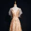 Luxury / Gorgeous Gold Evening Dresses  2018 A-Line / Princess Lace Beading Crystal Pearl V-Neck Backless Short Sleeve Sweep Train Formal Dresses