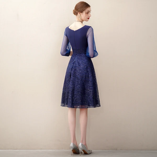 Chic / Beautiful Navy Blue Homecoming Sequins Graduation Dresses 2020 A-Line / Princess V-Neck 3/4 Sleeve Knee-Length Formal Dresses