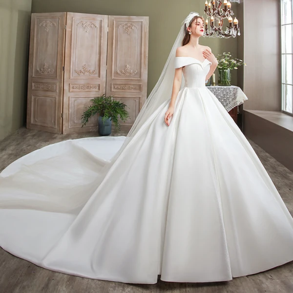 Luxury / Gorgeous Red Wedding Dresses 2020 Ball Gown Satin Off-The-Shoulder Sleeveless Backless Royal Train Wedding