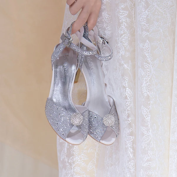 Sparkly Silver Rhinestone Wedding Shoes 2020 Ankle Strap 9 cm Stiletto Heels Open / Peep Toe Wedding Sandals